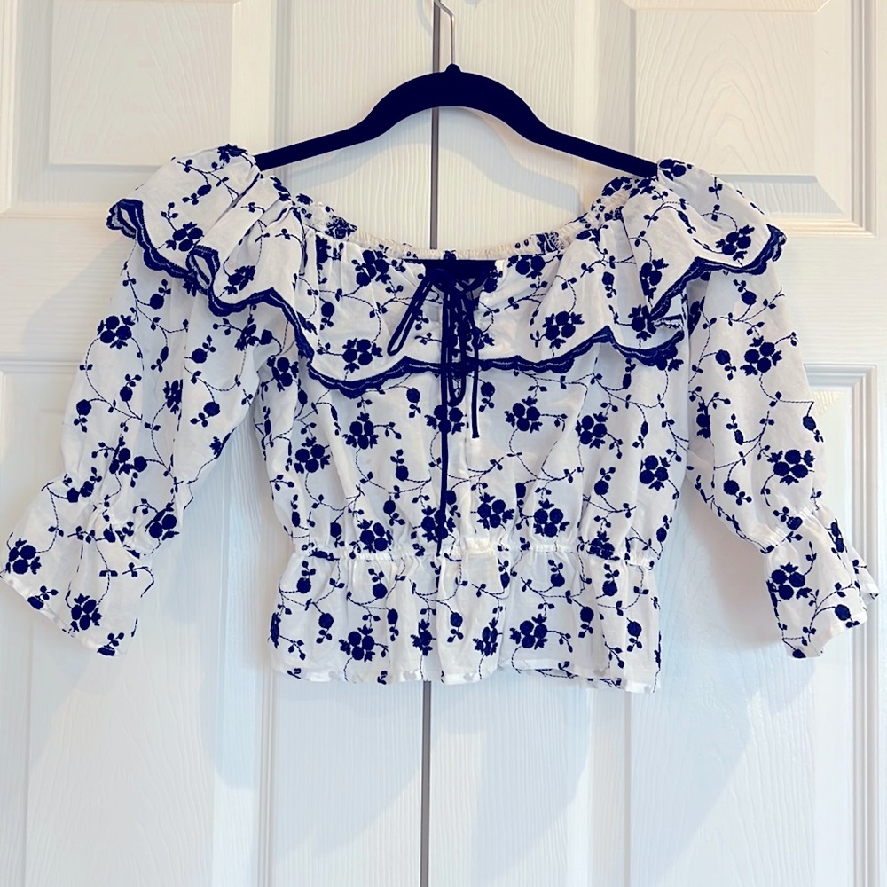 Zara white navy blue embroidered off shoulder ruffle top XS